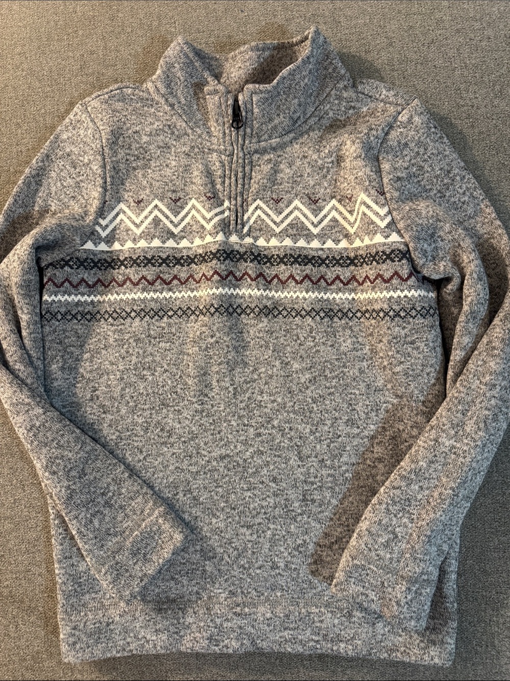 5/$15- Quarter-Zip Heathered Gray Sweater with Fair Isle Detail
